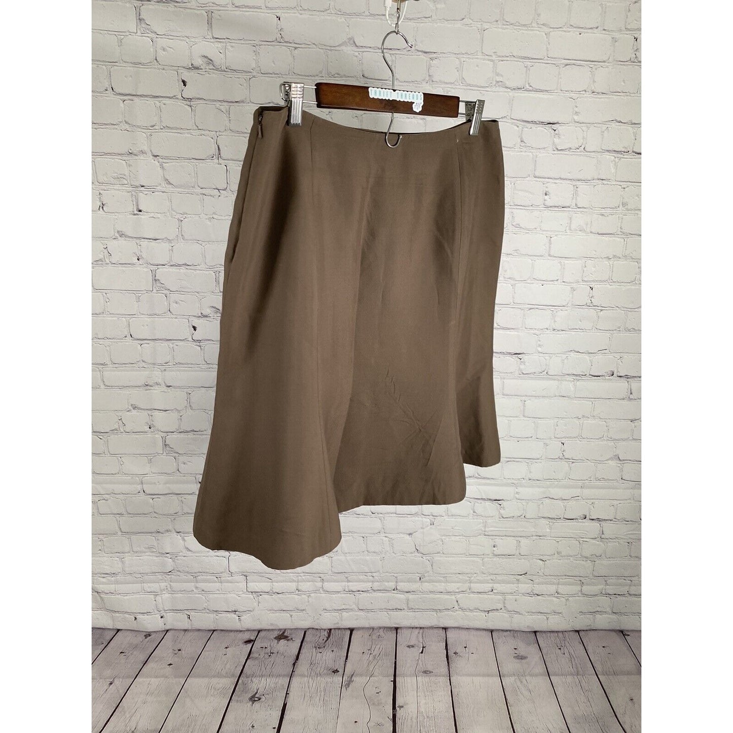 Valerie Stevens Solid Brown 100% Silk Side Zip Lined Knee Length Skirt 12