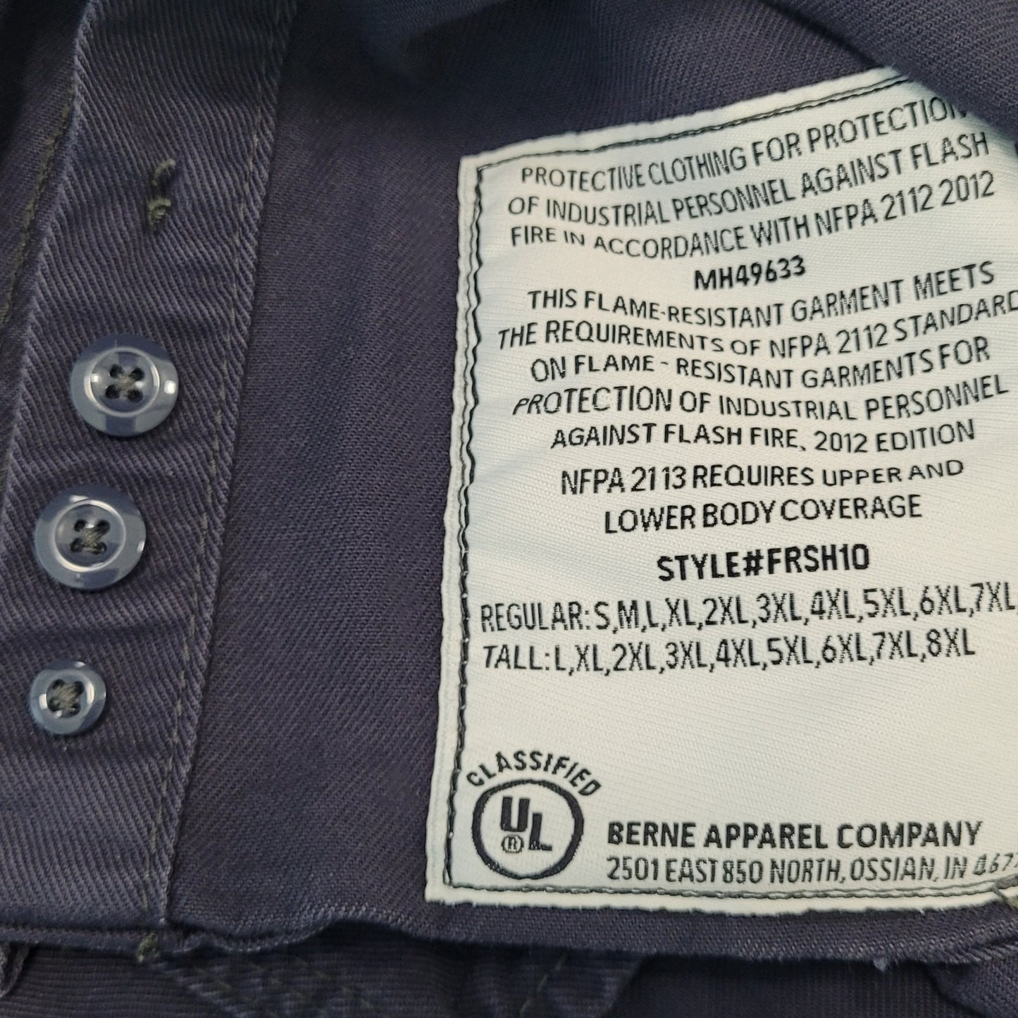 Berne Blue Flame Resistant HRC2 Workwear Button Down Long Sleeve Shirt Size XLT