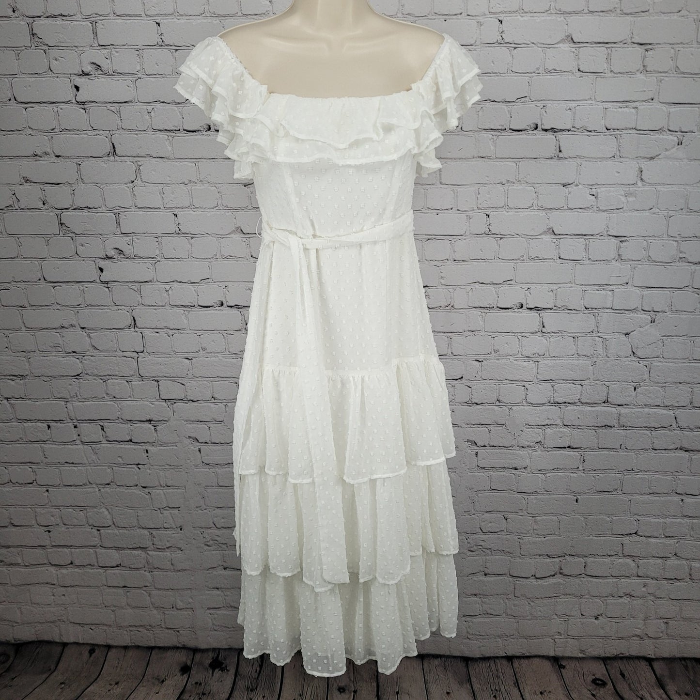 Lulus White Off Shoulder Sleeve Belted Ruffle Tiered Lined Midi Dress Size XS