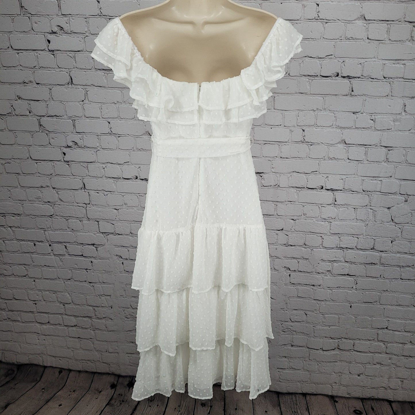 Lulus White Off Shoulder Sleeve Belted Ruffle Tiered Lined Midi Dress Size XS