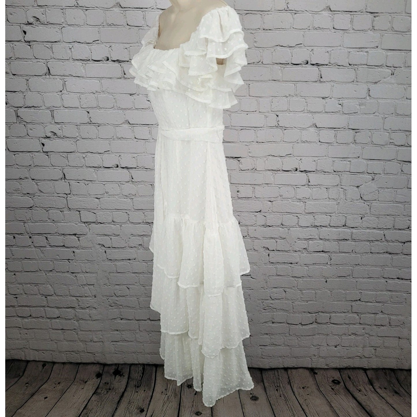 Lulus White Off Shoulder Sleeve Belted Ruffle Tiered Lined Midi Dress Size XS