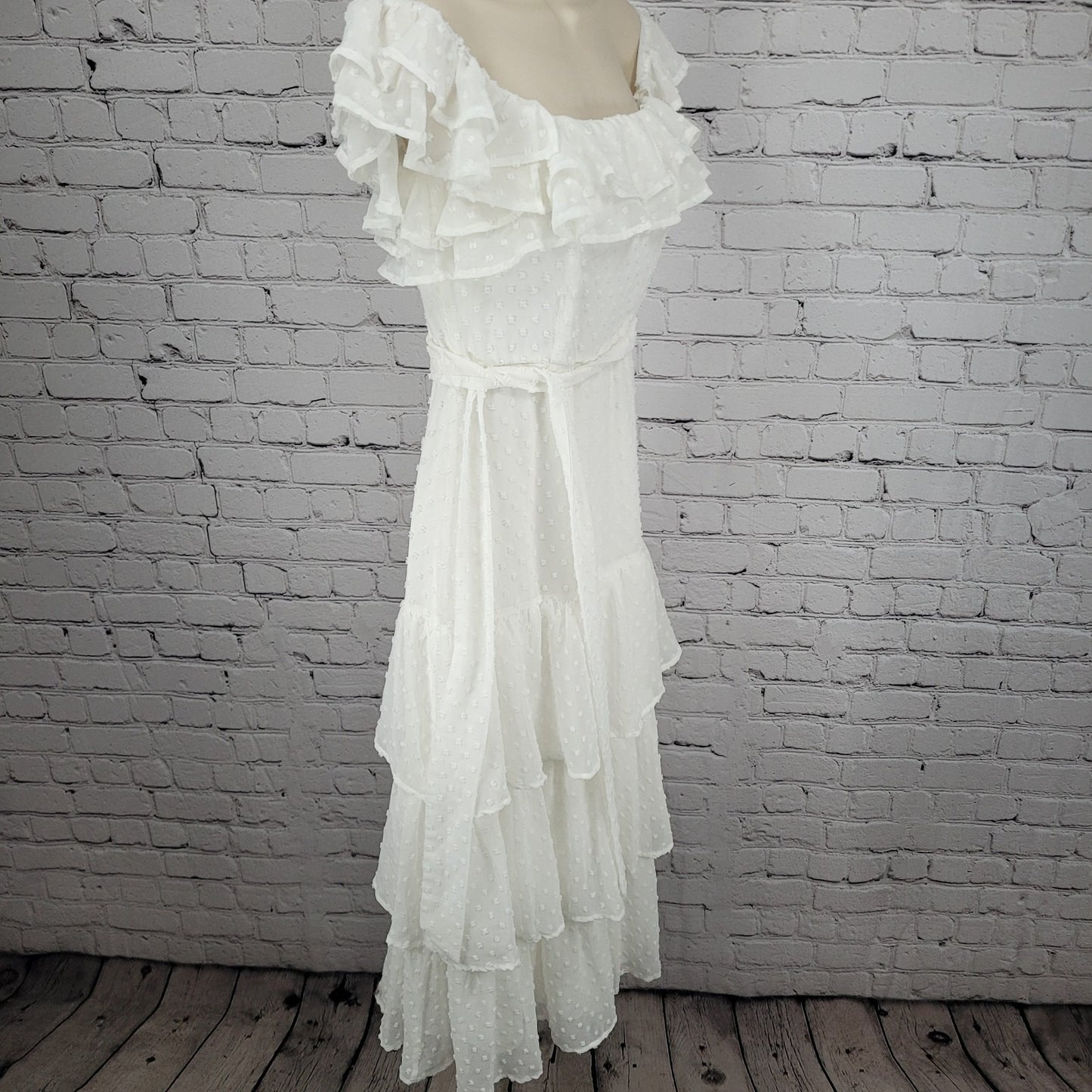 Lulus White Off Shoulder Sleeve Belted Ruffle Tiered Lined Midi Dress Size XS