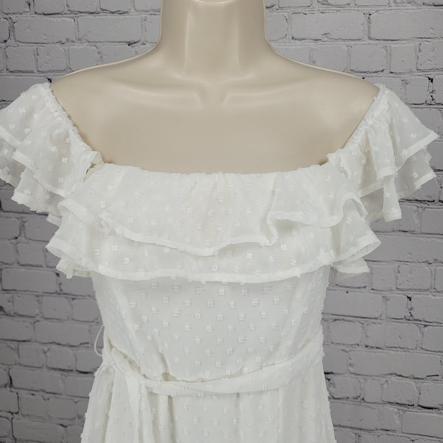 Lulus White Off Shoulder Sleeve Belted Ruffle Tiered Lined Midi Dress Size XS