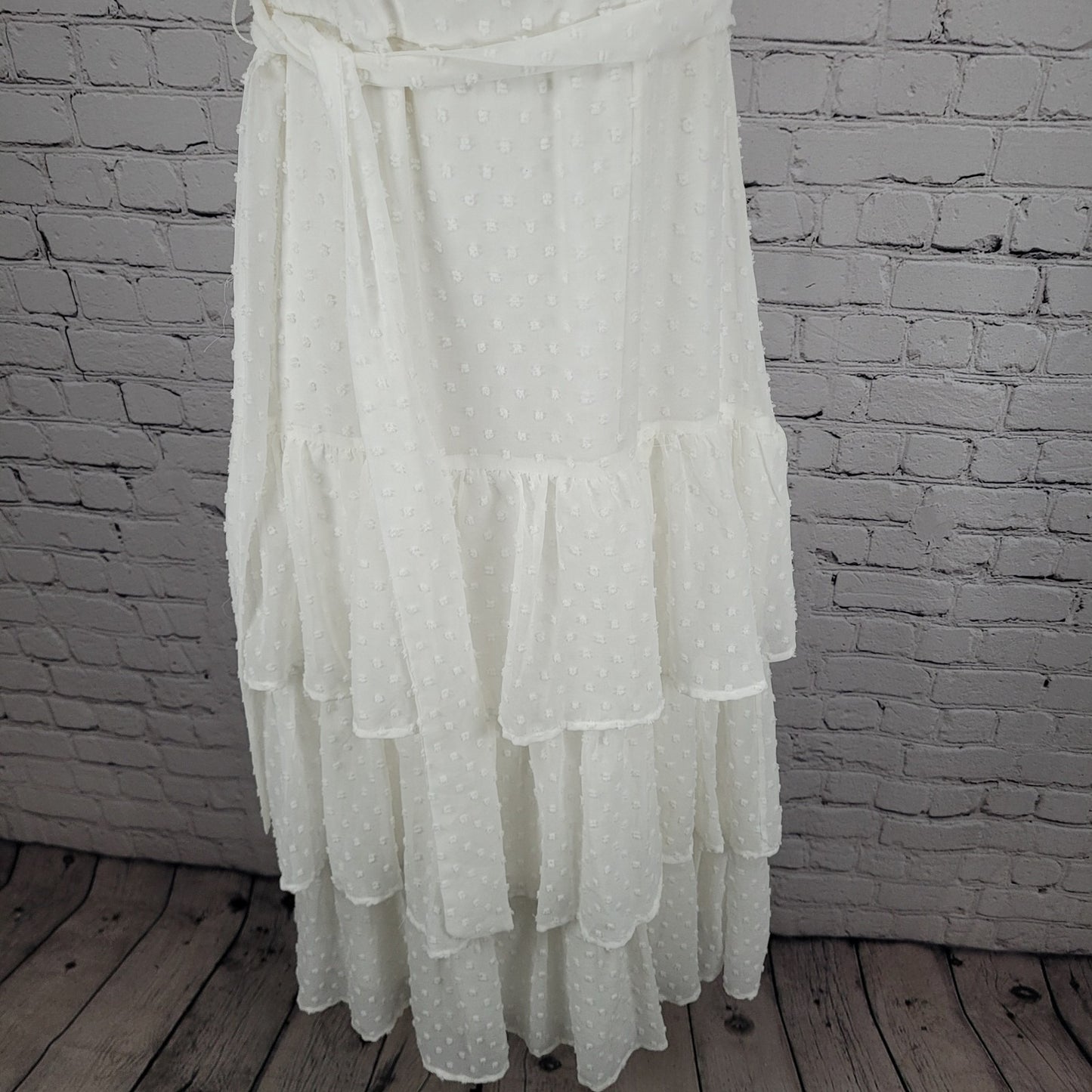 Lulus White Off Shoulder Sleeve Belted Ruffle Tiered Lined Midi Dress Size XS