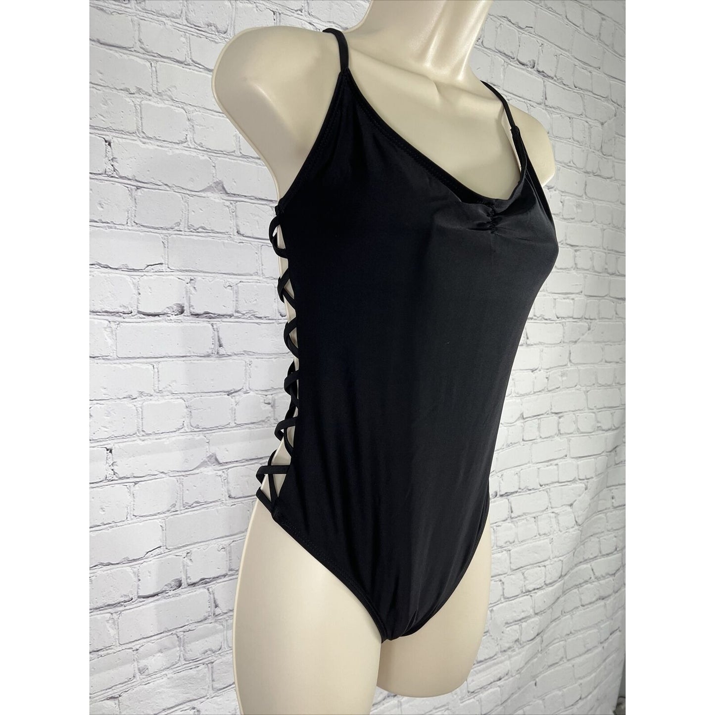 AEROPOSTALE Live Love Dream Large Black Open Crisscross Side Detail Swimwear
