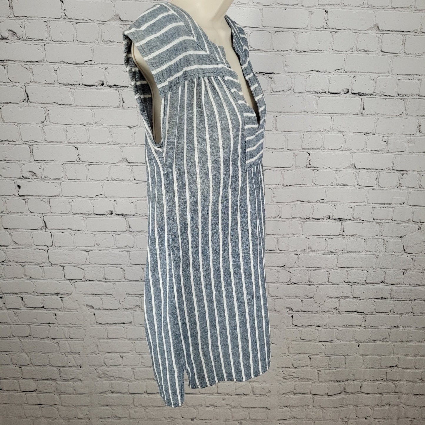 Madewell Blue Striped 100% Cotton Short Sleeve V-Neck Lightweight Dress Size XS