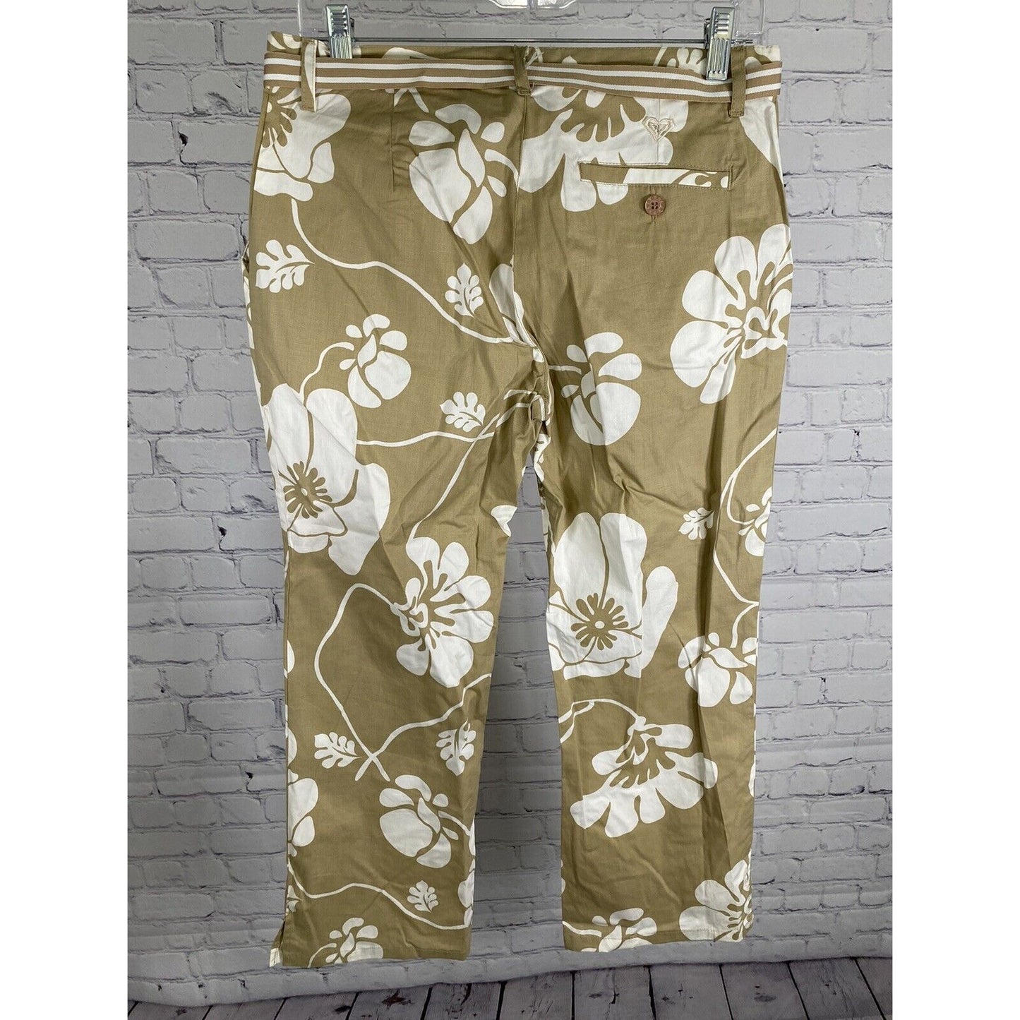 Roxy Brown White Floral Cotton Blend Striped Belt Flare Pants Womens 9 (31x25.5)