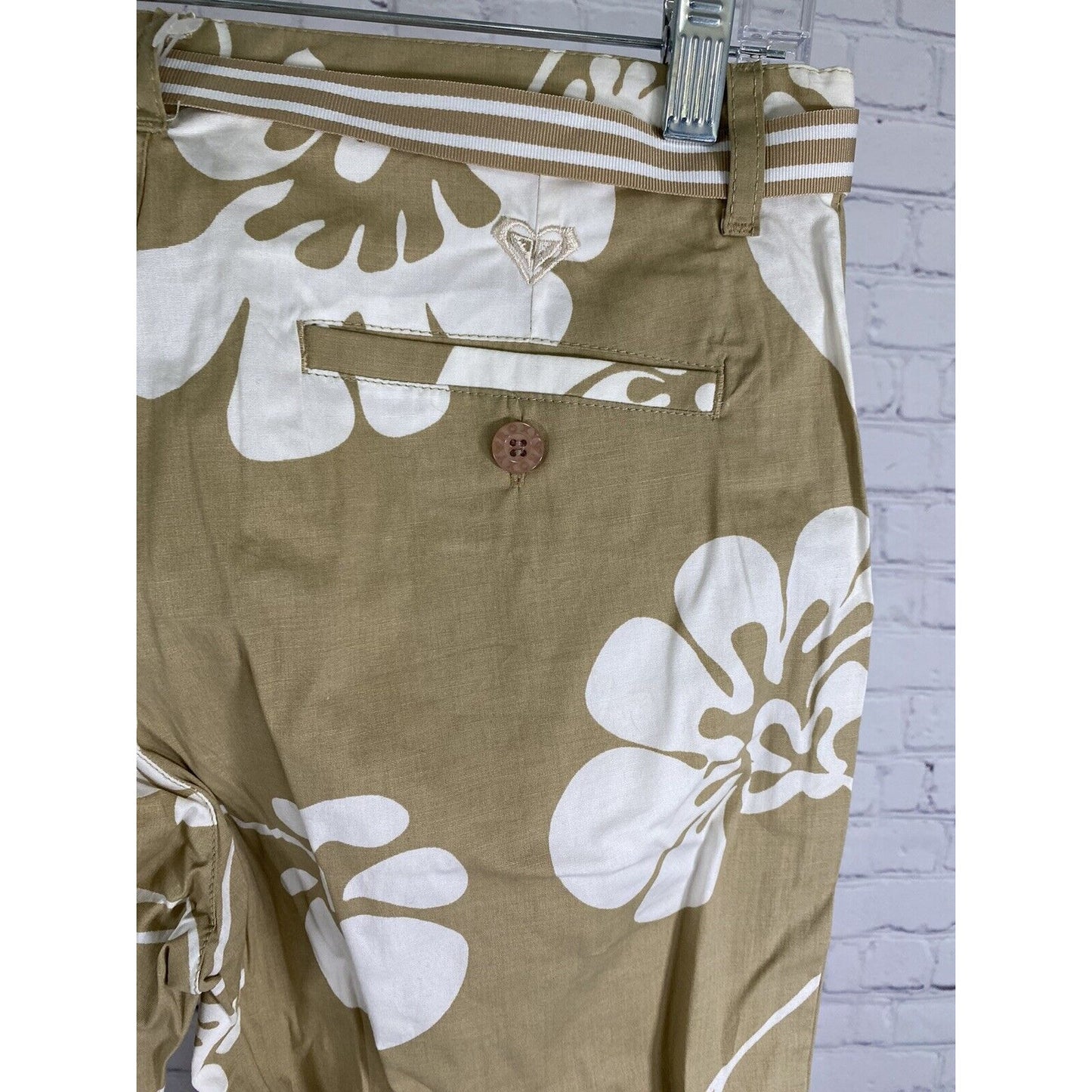 Roxy Brown White Floral Cotton Blend Striped Belt Flare Pants Womens 9 (31x25.5)