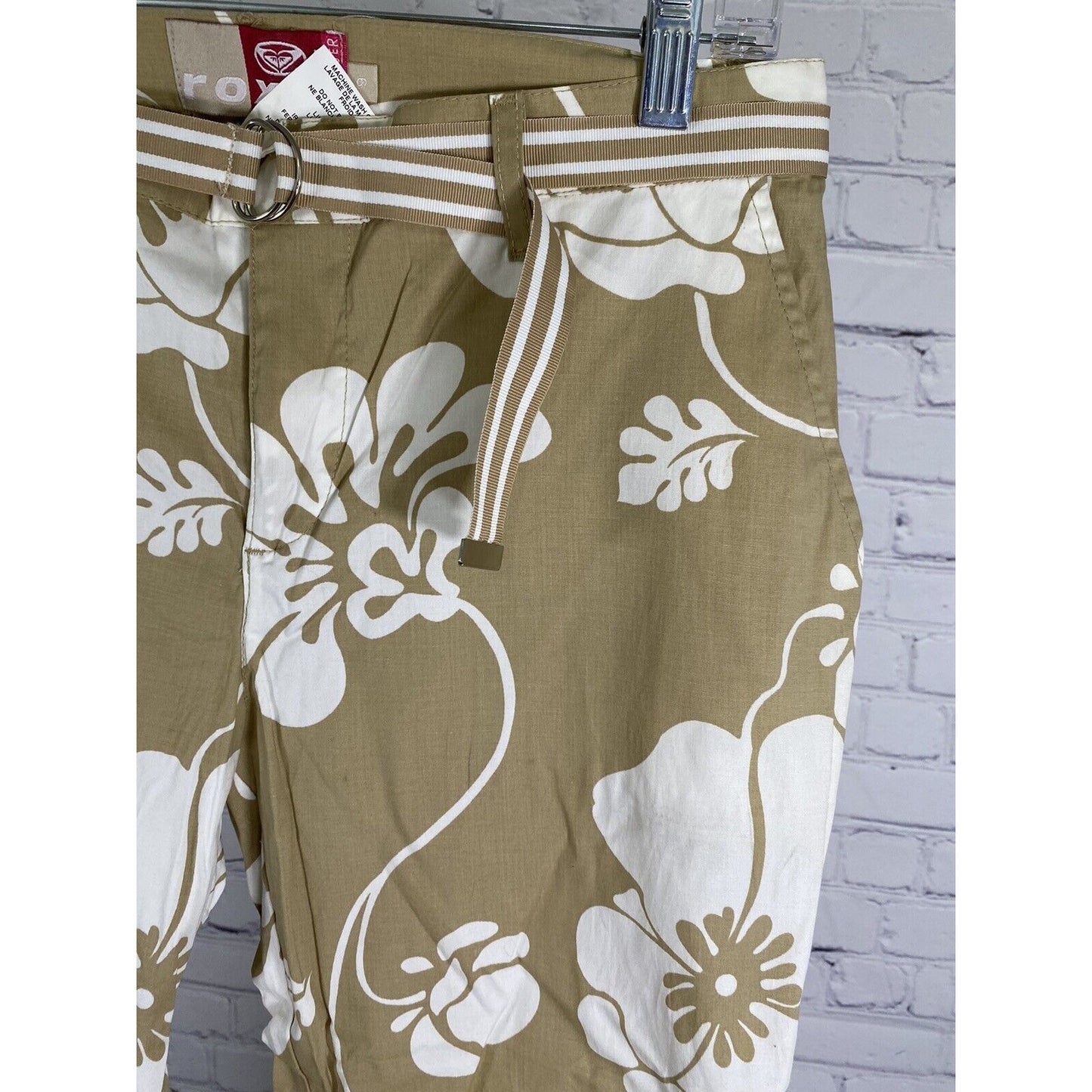 Roxy Brown White Floral Cotton Blend Striped Belt Flare Pants Womens 9 (31x25.5)