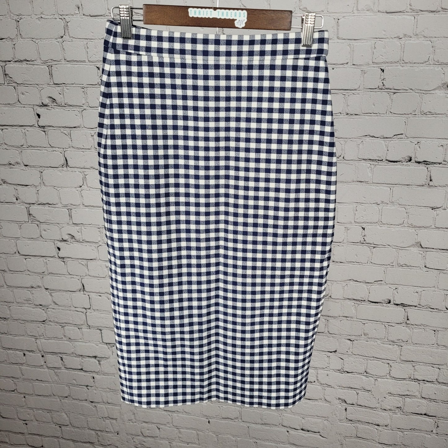 NWT J.CREW No 3 Blue & White Check Cotton Back Slit Pencil Skirt Size 2 (27x28)