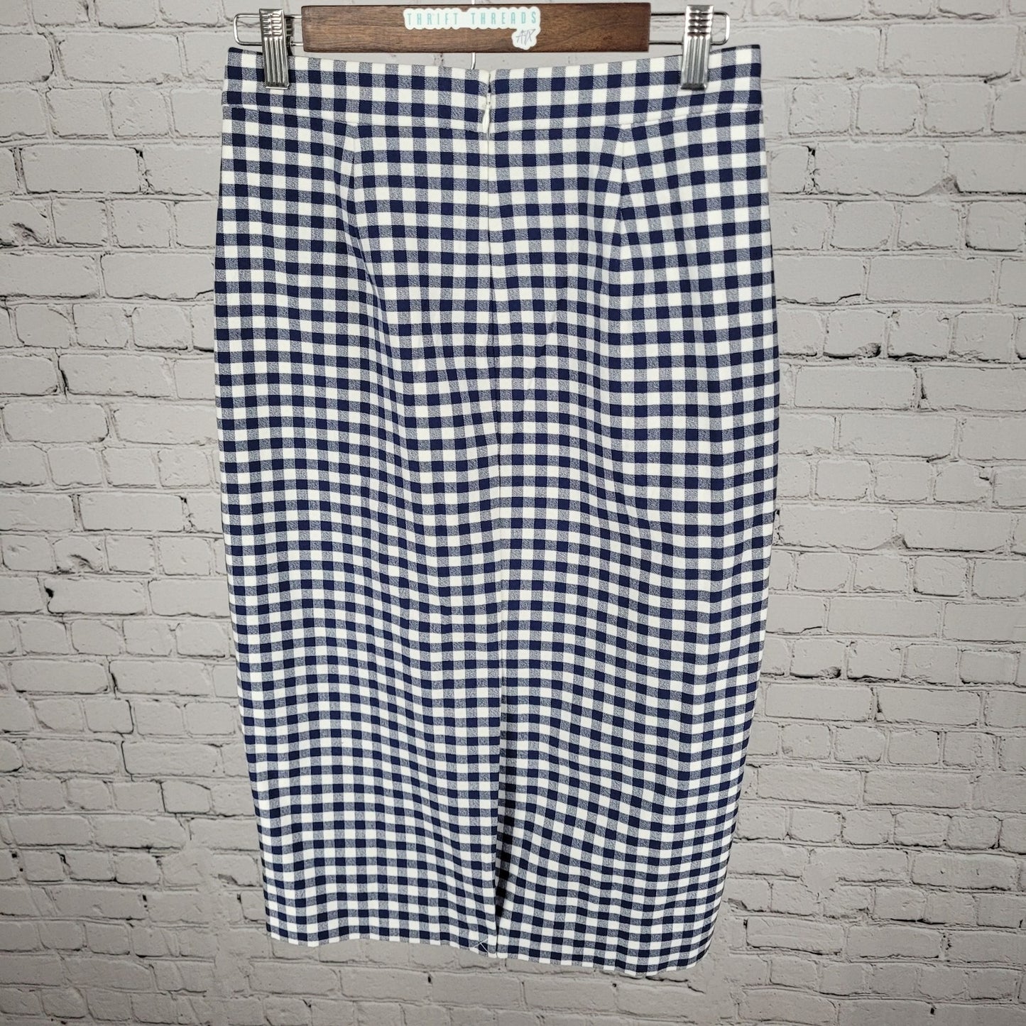 NWT J.CREW No 3 Blue & White Check Cotton Back Slit Pencil Skirt Size 2 (27x28)