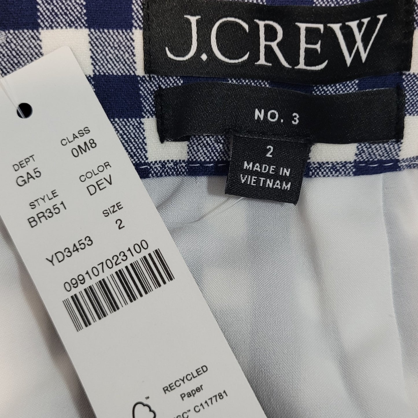 NWT J.CREW No 3 Blue & White Check Cotton Back Slit Pencil Skirt Size 2 (27x28)
