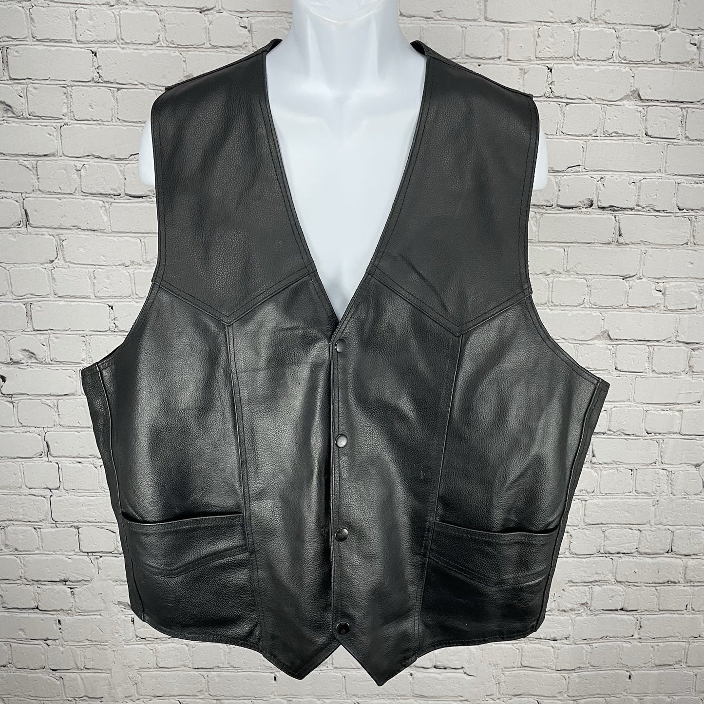 Genuine Leather Black Bikercore Classic Snapped Lined Vest Pockets Size 56
