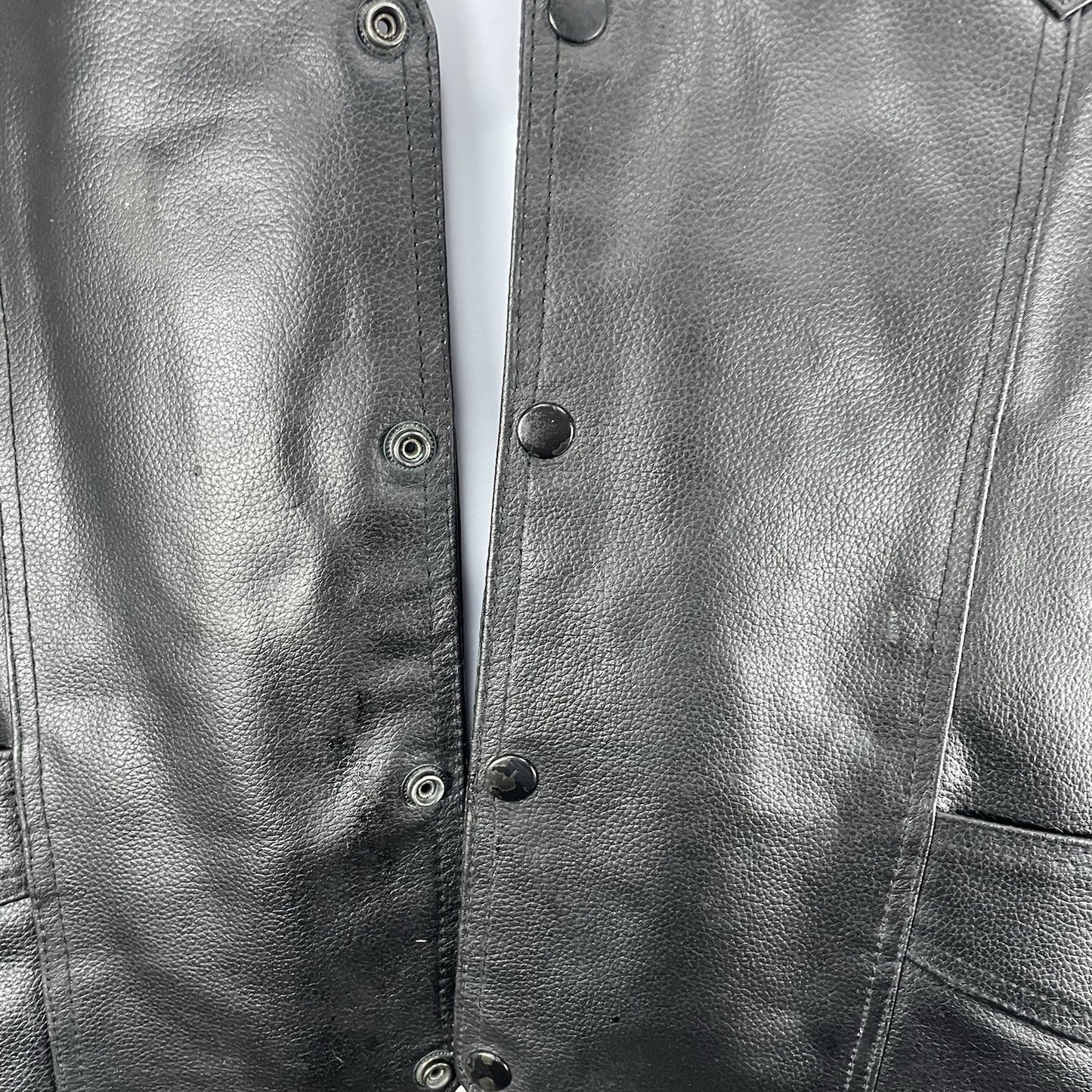 Genuine Leather Black Bikercore Classic Snapped Lined Vest Pockets Size 56