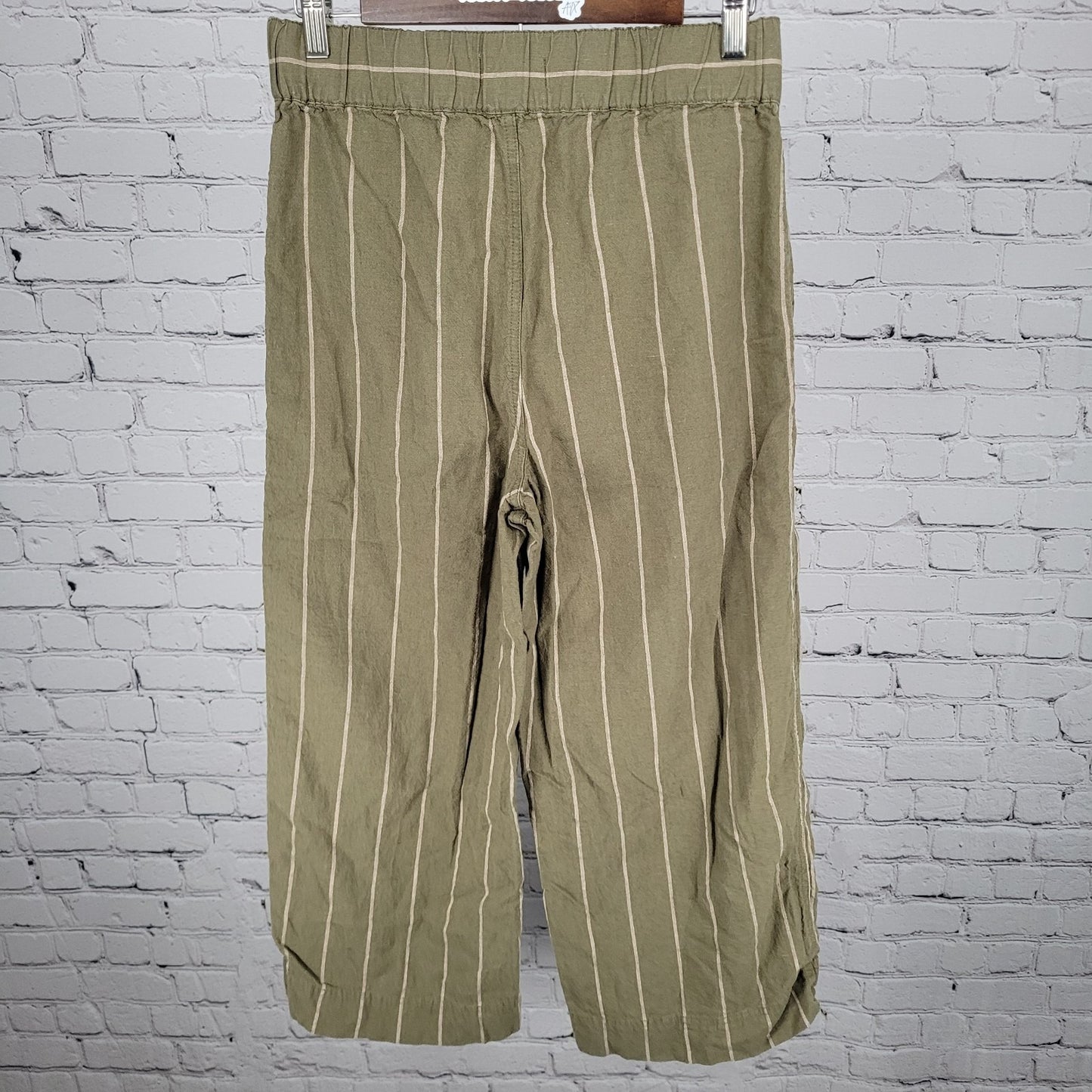 Madewell Green Stripe Linen Cotton Boho Wide Leg Crop Pants Size Small S (28x23)
