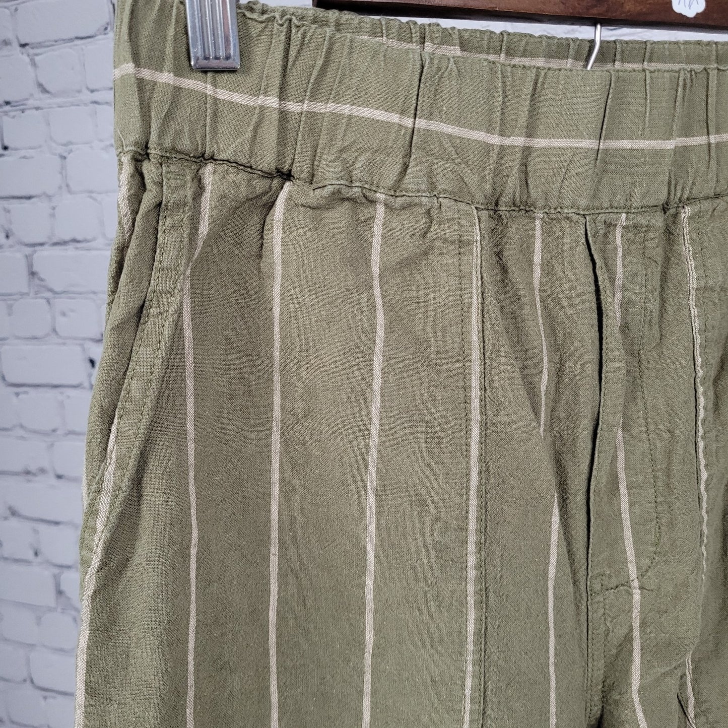 Madewell Green Stripe Linen Cotton Boho Wide Leg Crop Pants Size Small S (28x23)