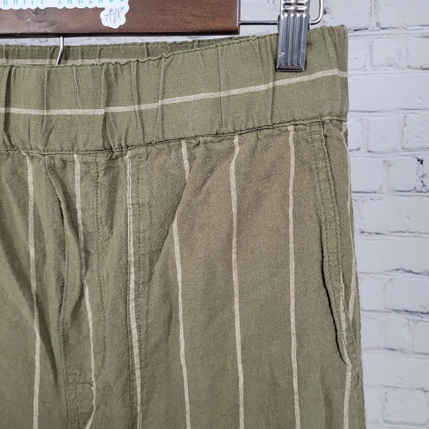 Madewell Green Stripe Linen Cotton Boho Wide Leg Crop Pants Size Small S (28x23)