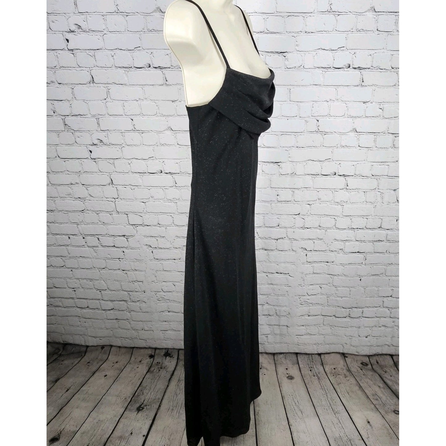 NWD Karina Nites Black Glitter Sheer Overlay Strappy Ruched Long Formal Dress 6