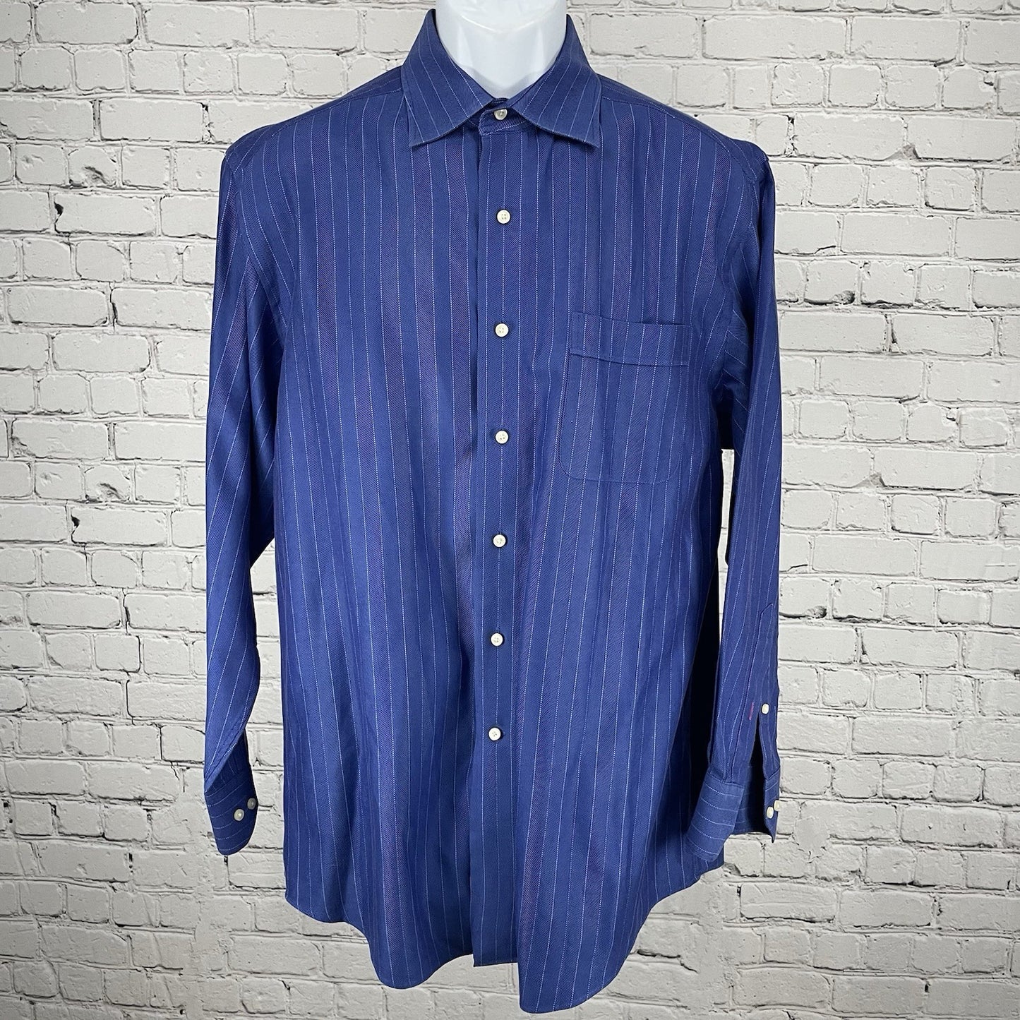 Tommy Bahama Blue Striped 100% Cotton Bottom Up Long Sleeve Shirt Size 16-32/33