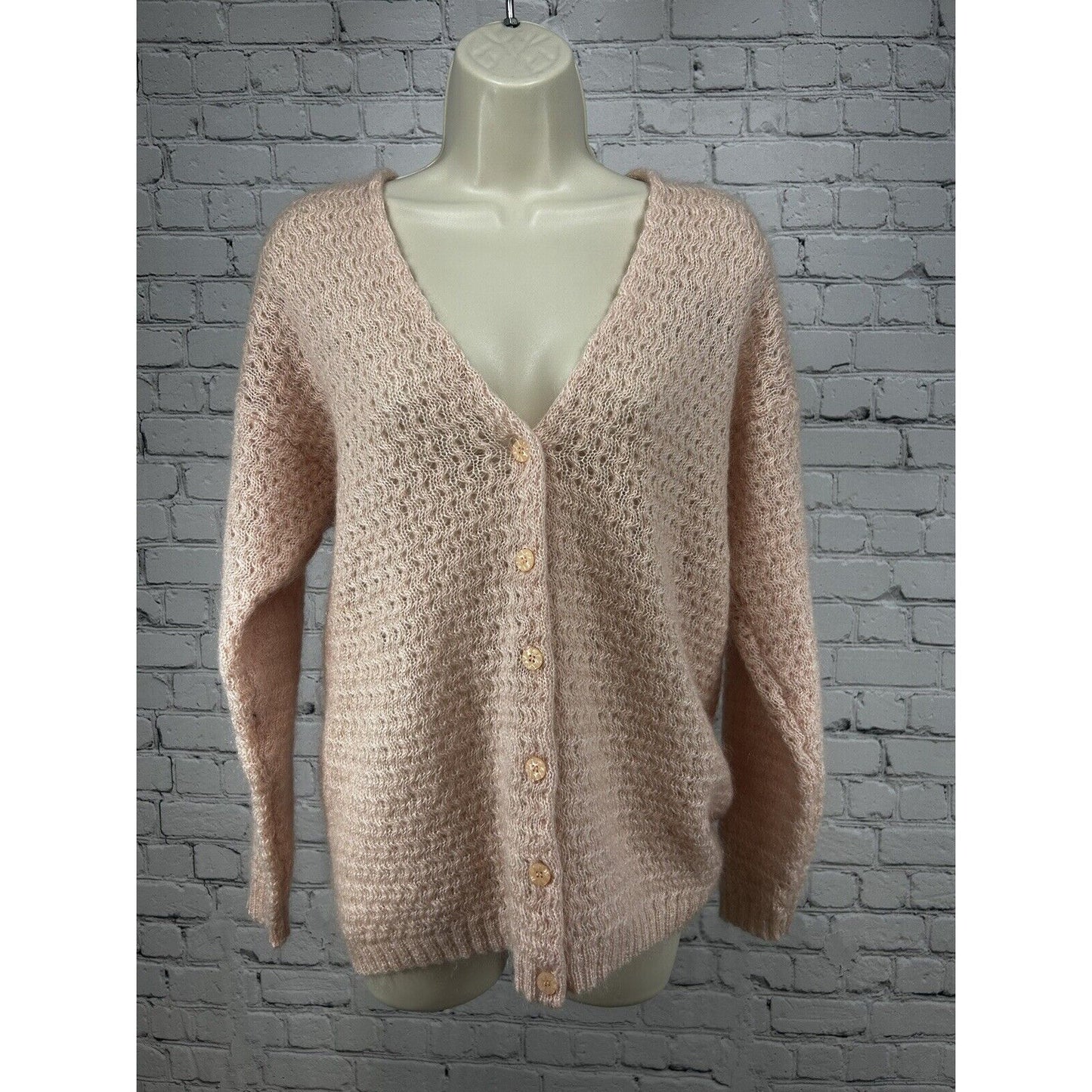 Ship N Shore Pink 6 Button V Neck Open Knit Mohair Blend Sweater Cardigan Size M