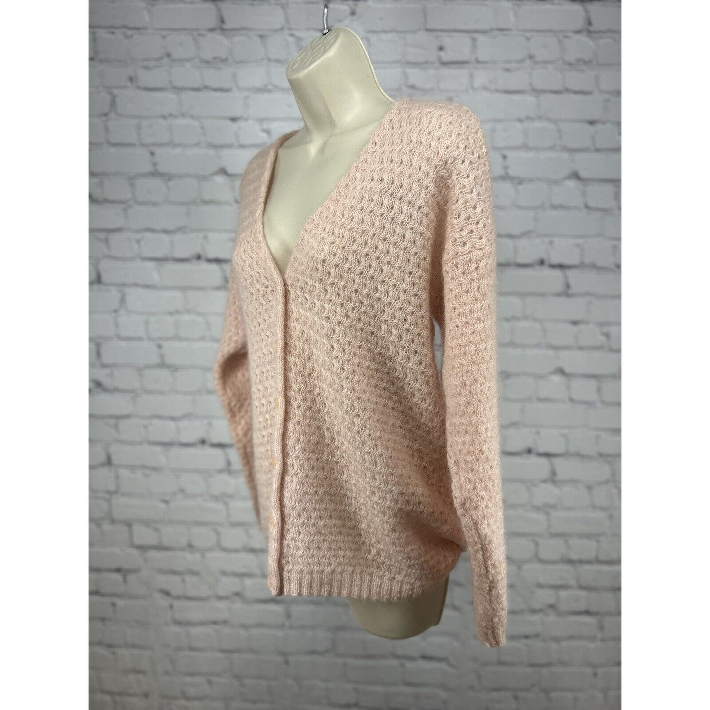Ship N Shore Pink 6 Button V Neck Open Knit Mohair Blend Sweater Cardigan Size M