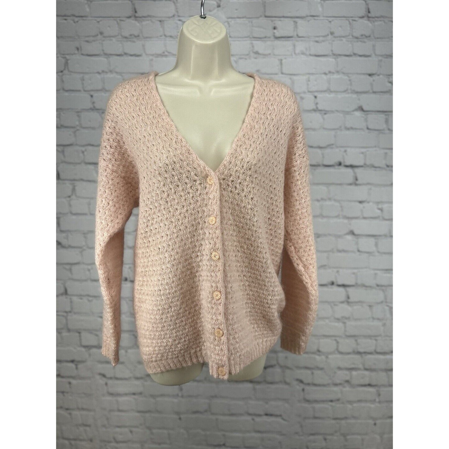 Ship N Shore Pink 6 Button V Neck Open Knit Mohair Blend Sweater Cardigan Size M