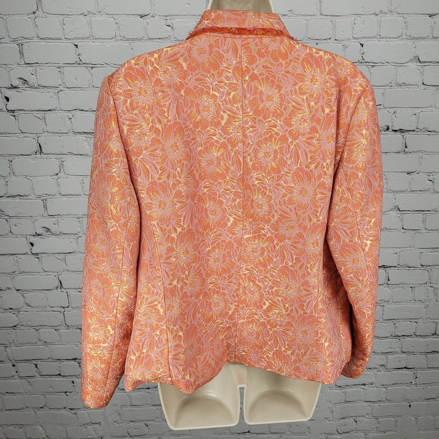 ECI New York Orange Floral 100% Silk Lined Rhinestone Snap Notch Jacket Size 14
