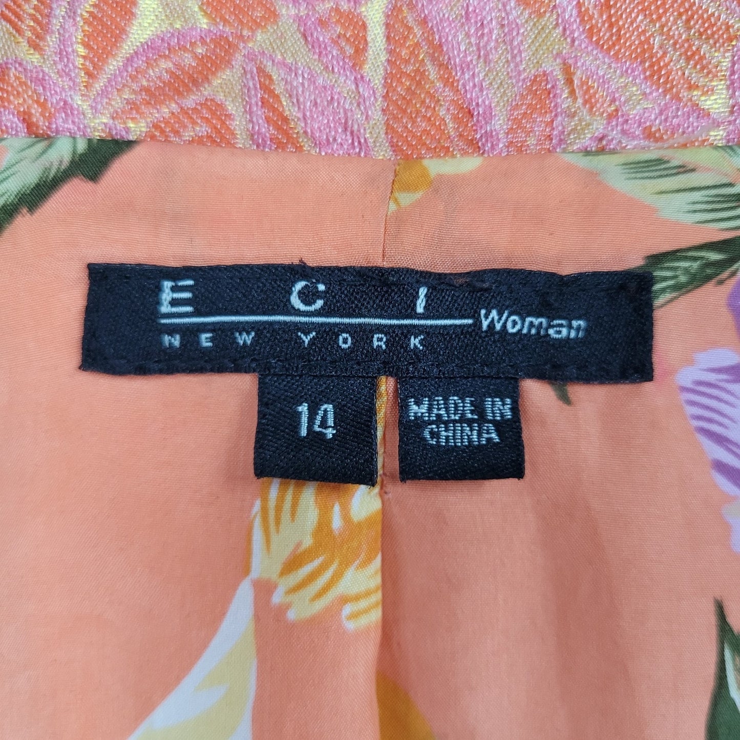 ECI New York Orange Floral 100% Silk Lined Rhinestone Snap Notch Jacket Size 14