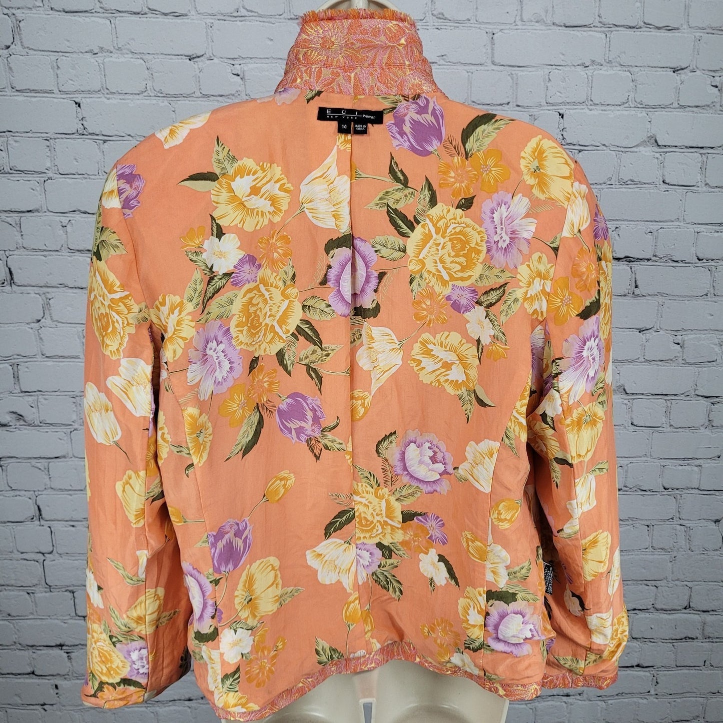 ECI New York Orange Floral 100% Silk Lined Rhinestone Snap Notch Jacket Size 14
