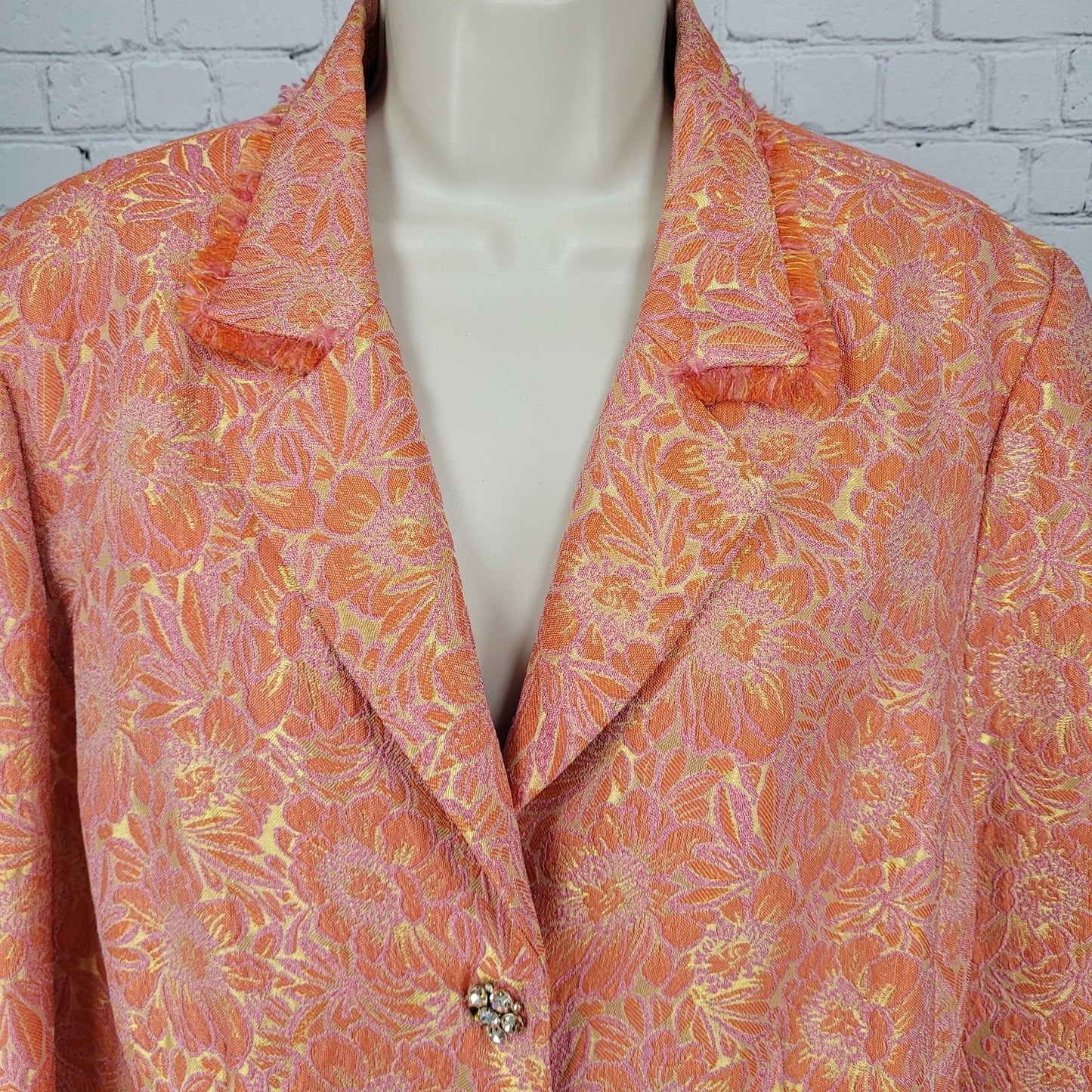 ECI New York Orange Floral 100% Silk Lined Rhinestone Snap Notch Jacket Size 14