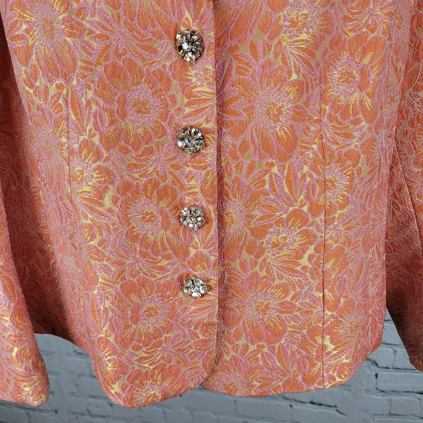 ECI New York Orange Floral 100% Silk Lined Rhinestone Snap Notch Jacket Size 14