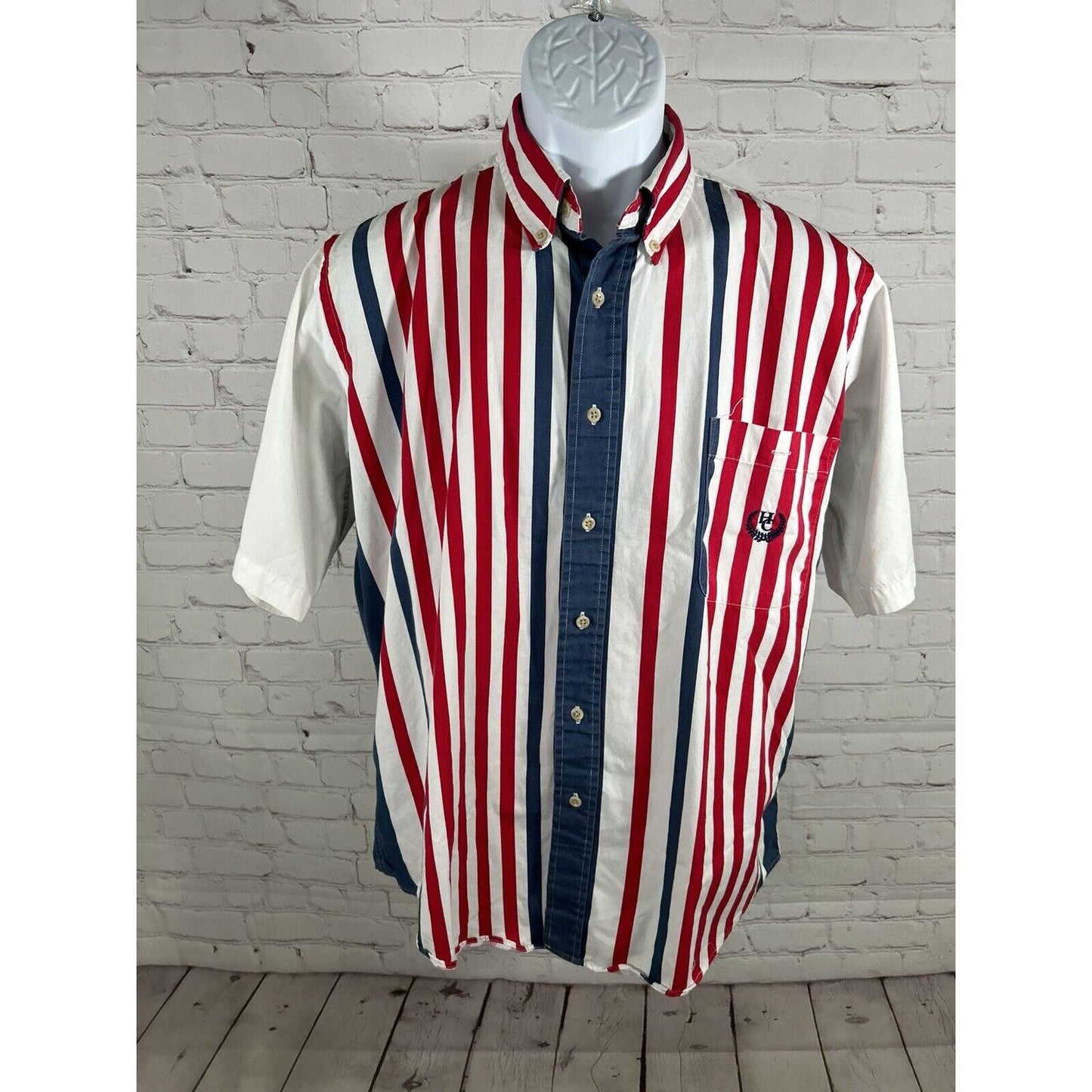 VTG 90s Hunt Club Red White Blue Striped Short Sleeve Button Up Shirt Men’s M