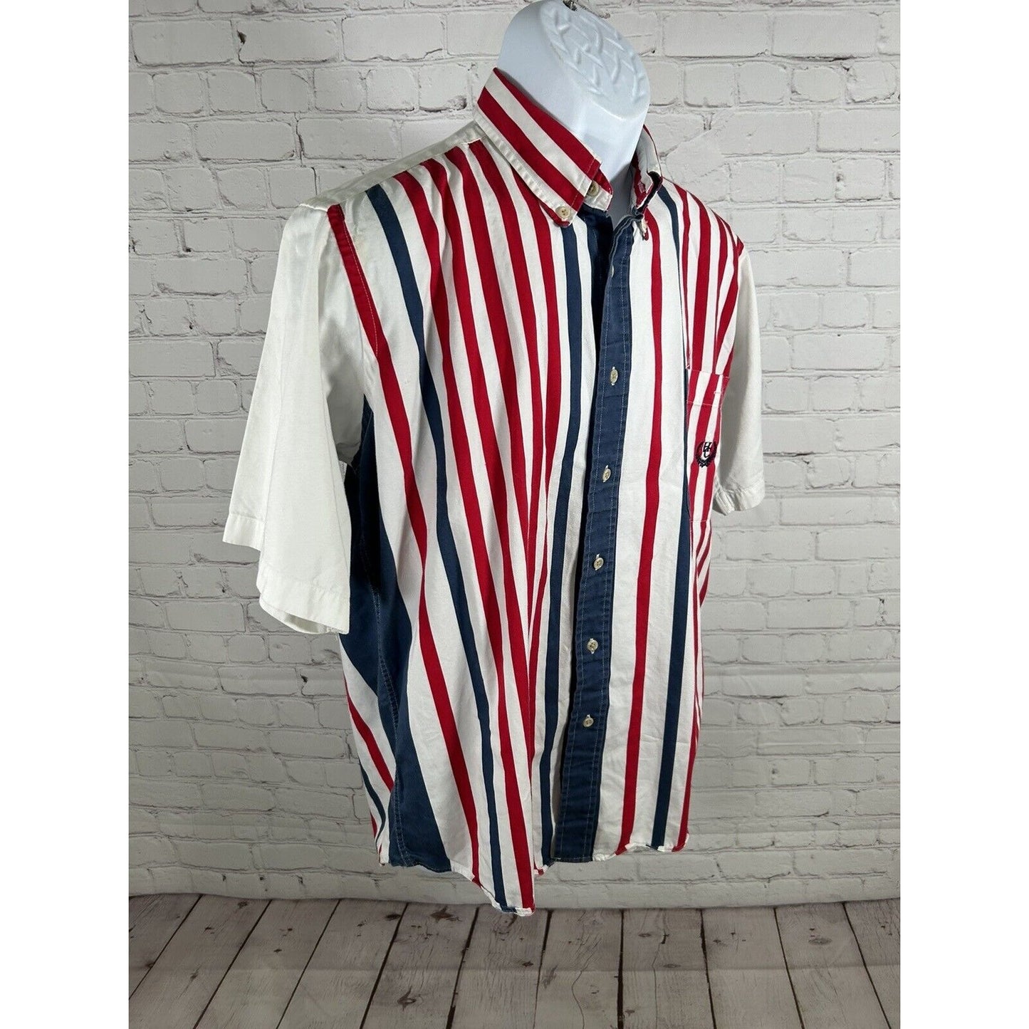 VTG 90s Hunt Club Red White Blue Striped Short Sleeve Button Up Shirt Men’s M