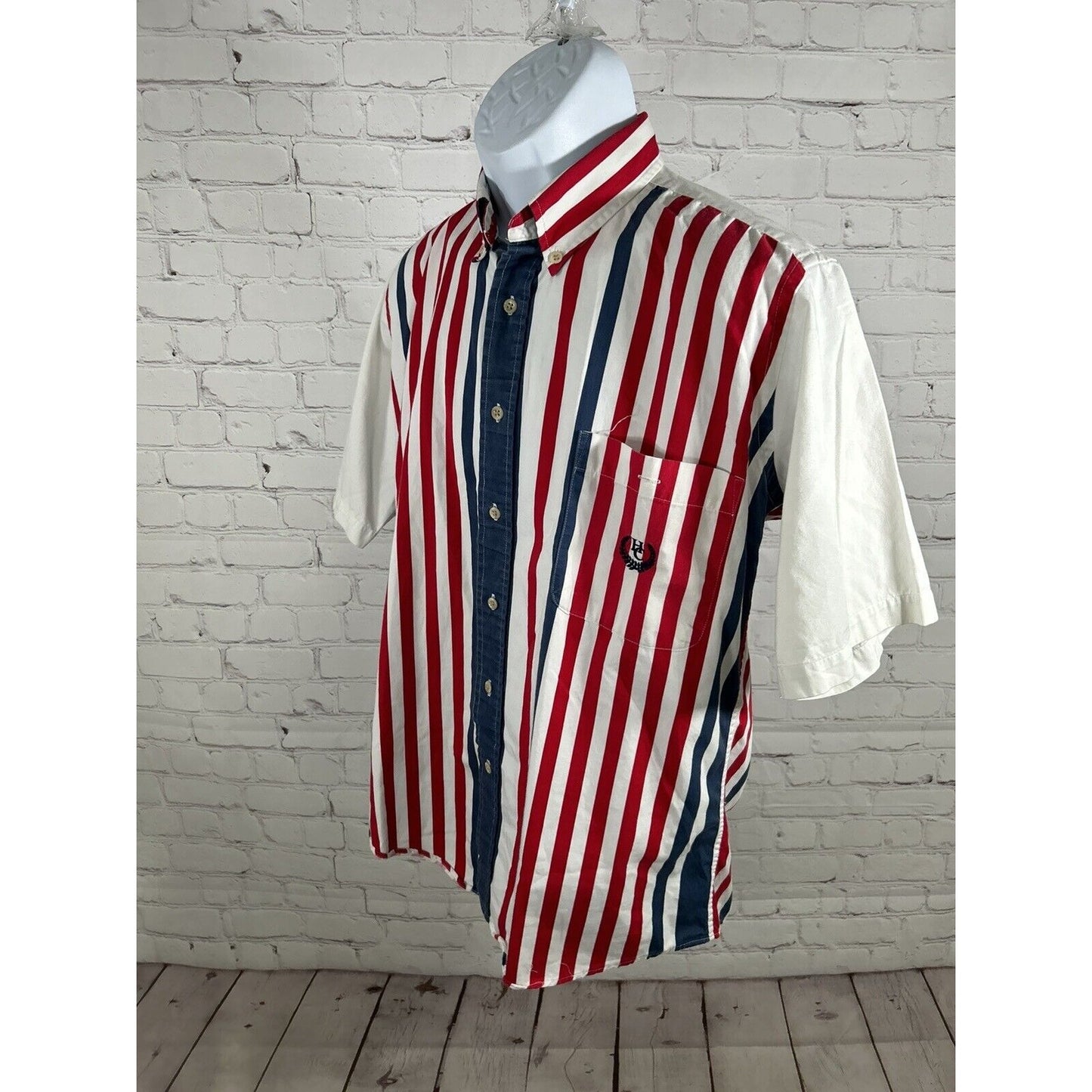 VTG 90s Hunt Club Red White Blue Striped Short Sleeve Button Up Shirt Men’s M