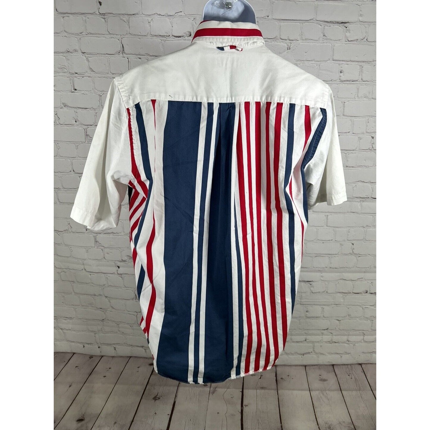 VTG 90s Hunt Club Red White Blue Striped Short Sleeve Button Up Shirt Men’s M
