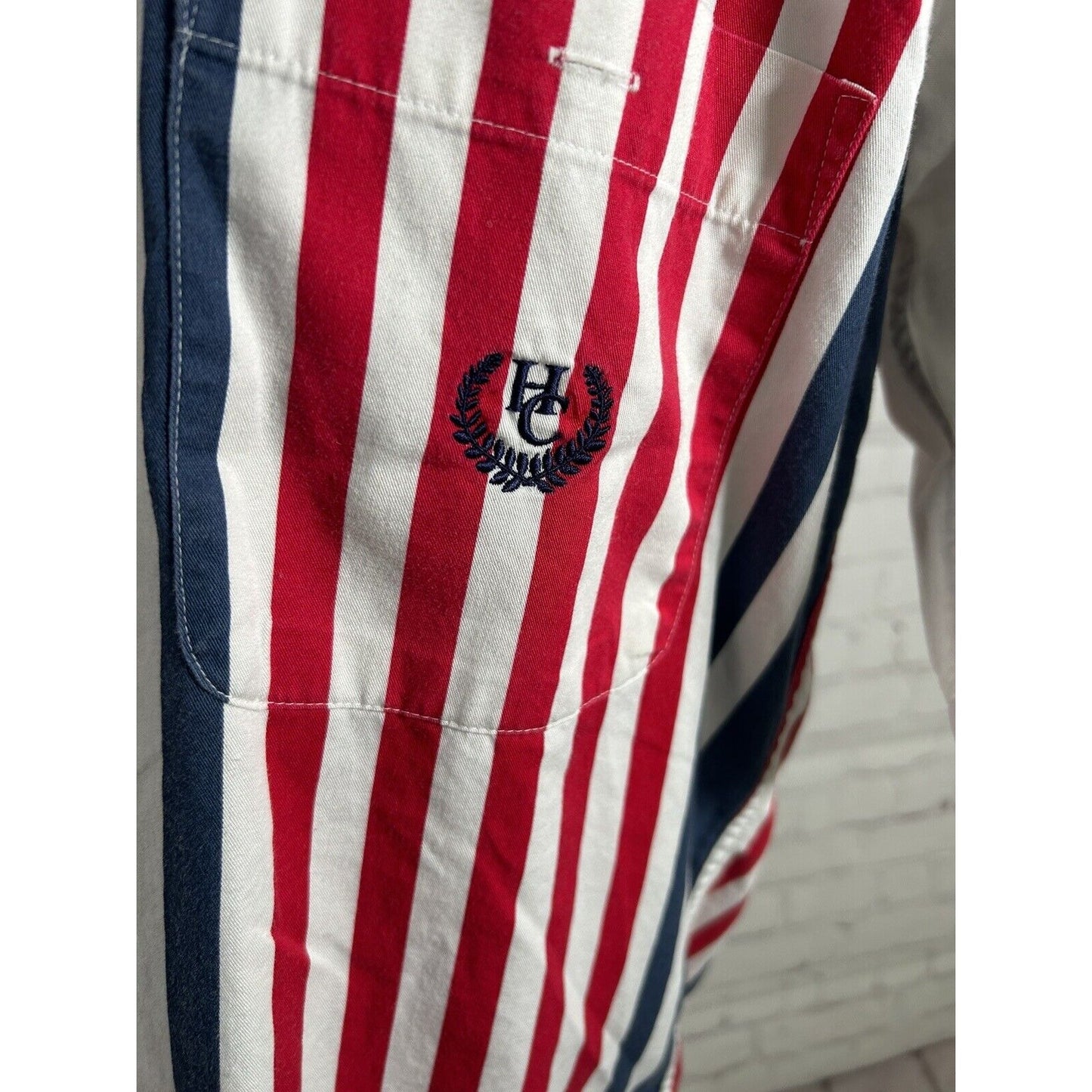 VTG 90s Hunt Club Red White Blue Striped Short Sleeve Button Up Shirt Men’s M