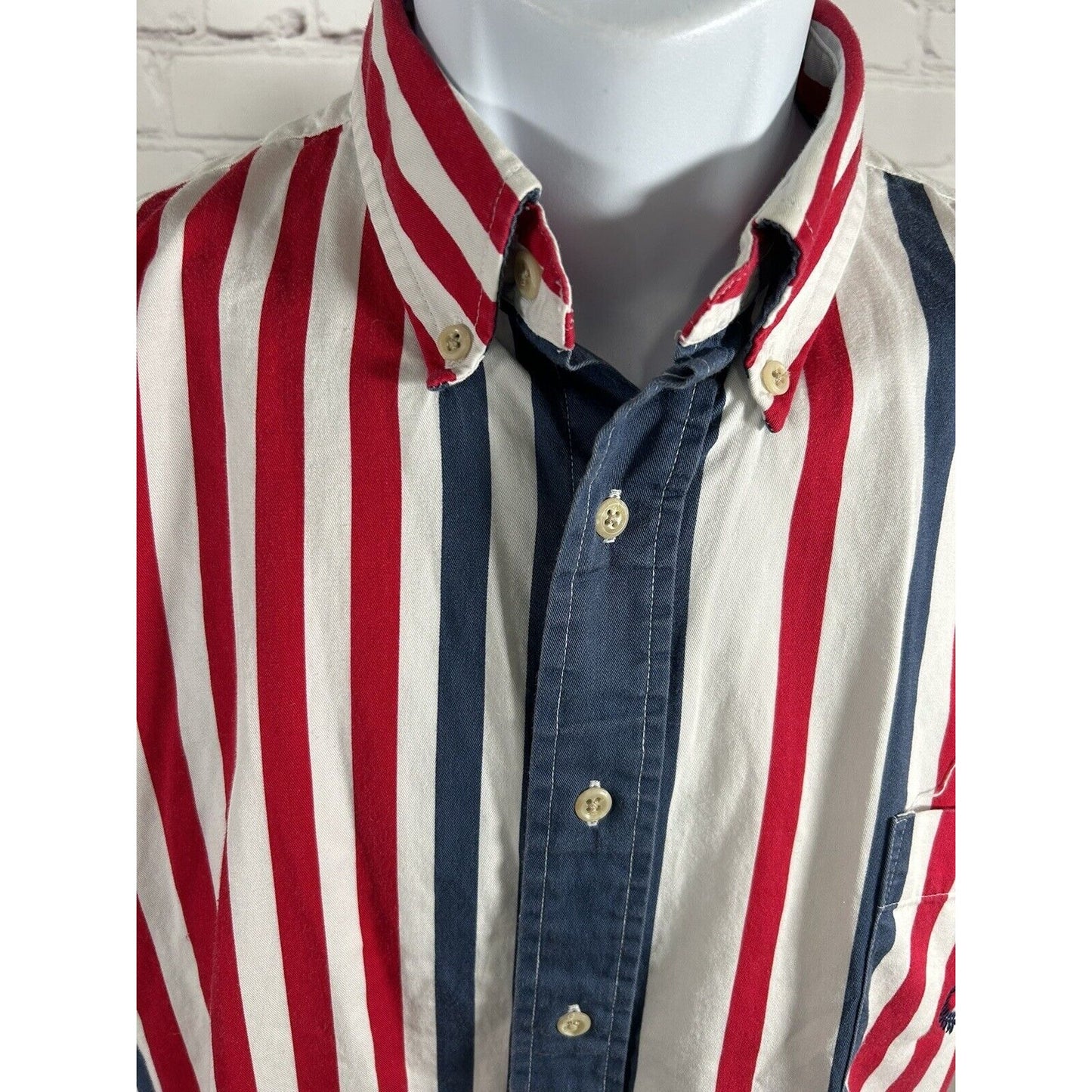 VTG 90s Hunt Club Red White Blue Striped Short Sleeve Button Up Shirt Men’s M