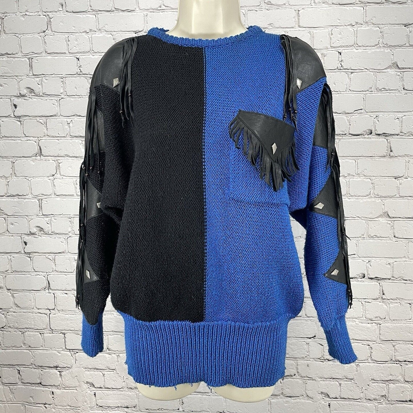 Sally B Blue Black Sweater Tassels Chunky Knit Leather Accents Size Medium M