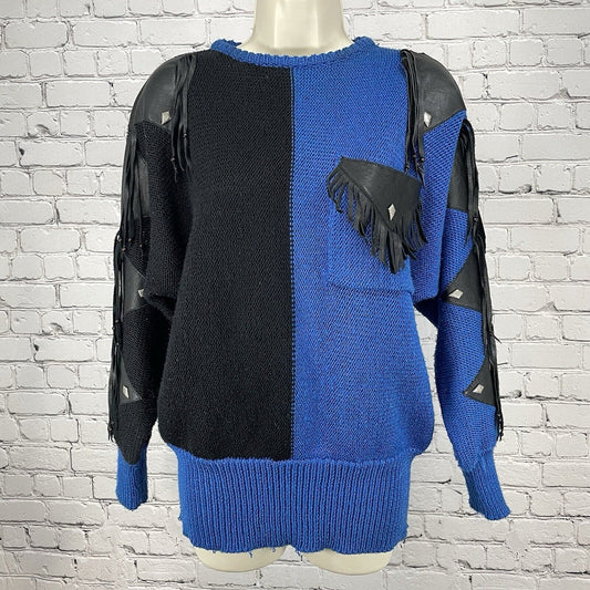 Sally B Blue Black Sweater Tassels Chunky Knit Leather Accents Size Medium M
