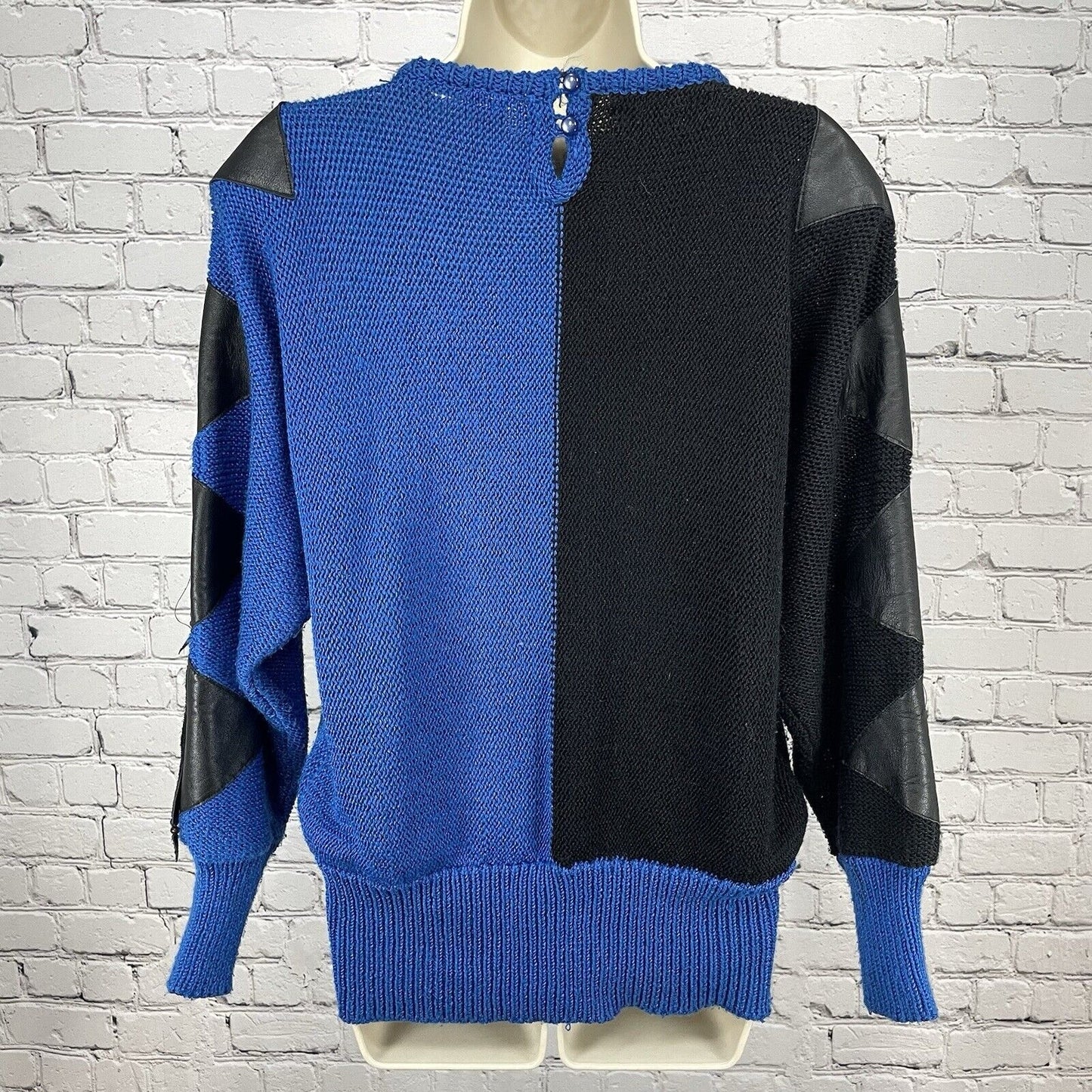 Sally B Blue Black Sweater Tassels Chunky Knit Leather Accents Size Medium M