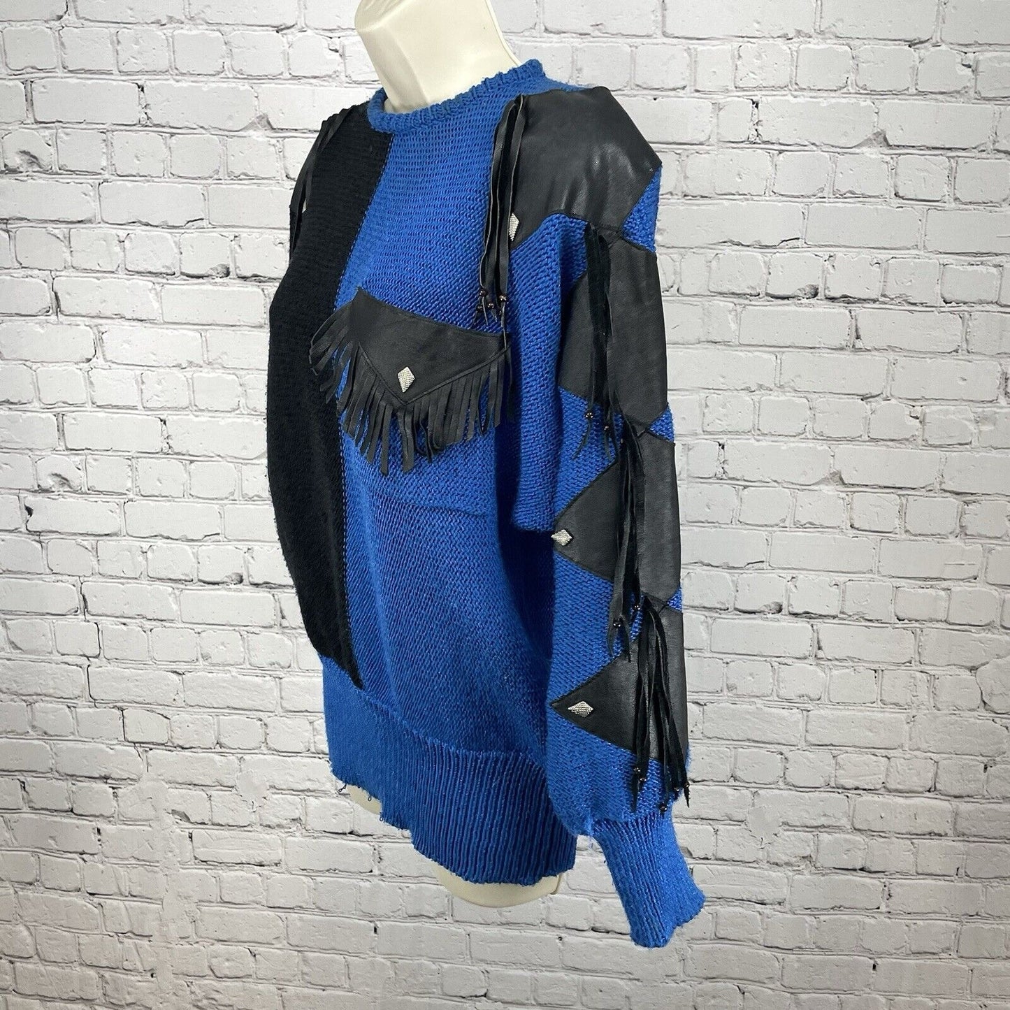 Sally B Blue Black Sweater Tassels Chunky Knit Leather Accents Size Medium M