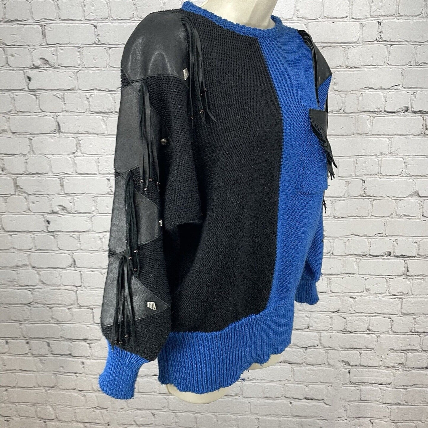 Sally B Blue Black Sweater Tassels Chunky Knit Leather Accents Size Medium M