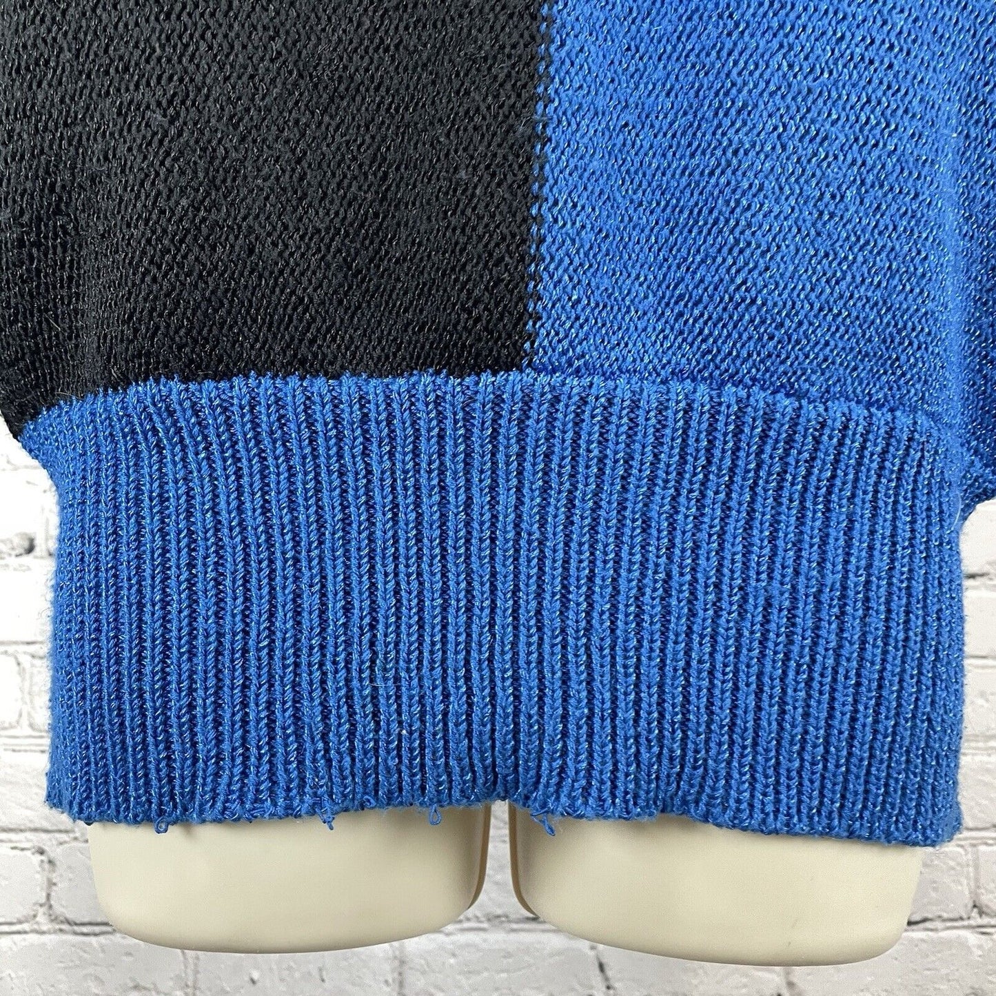 Sally B Blue Black Sweater Tassels Chunky Knit Leather Accents Size Medium M