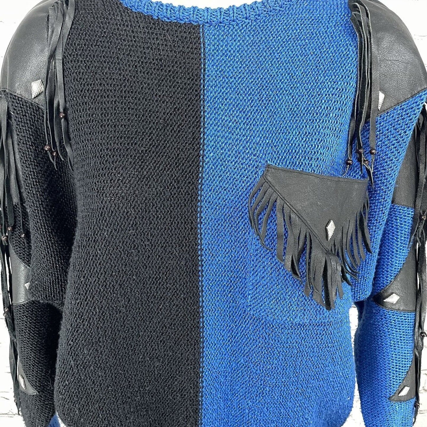 Sally B Blue Black Sweater Tassels Chunky Knit Leather Accents Size Medium M