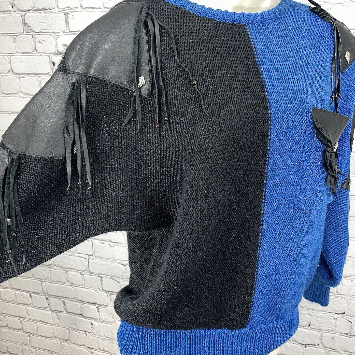 Sally B Blue Black Sweater Tassels Chunky Knit Leather Accents Size Medium M
