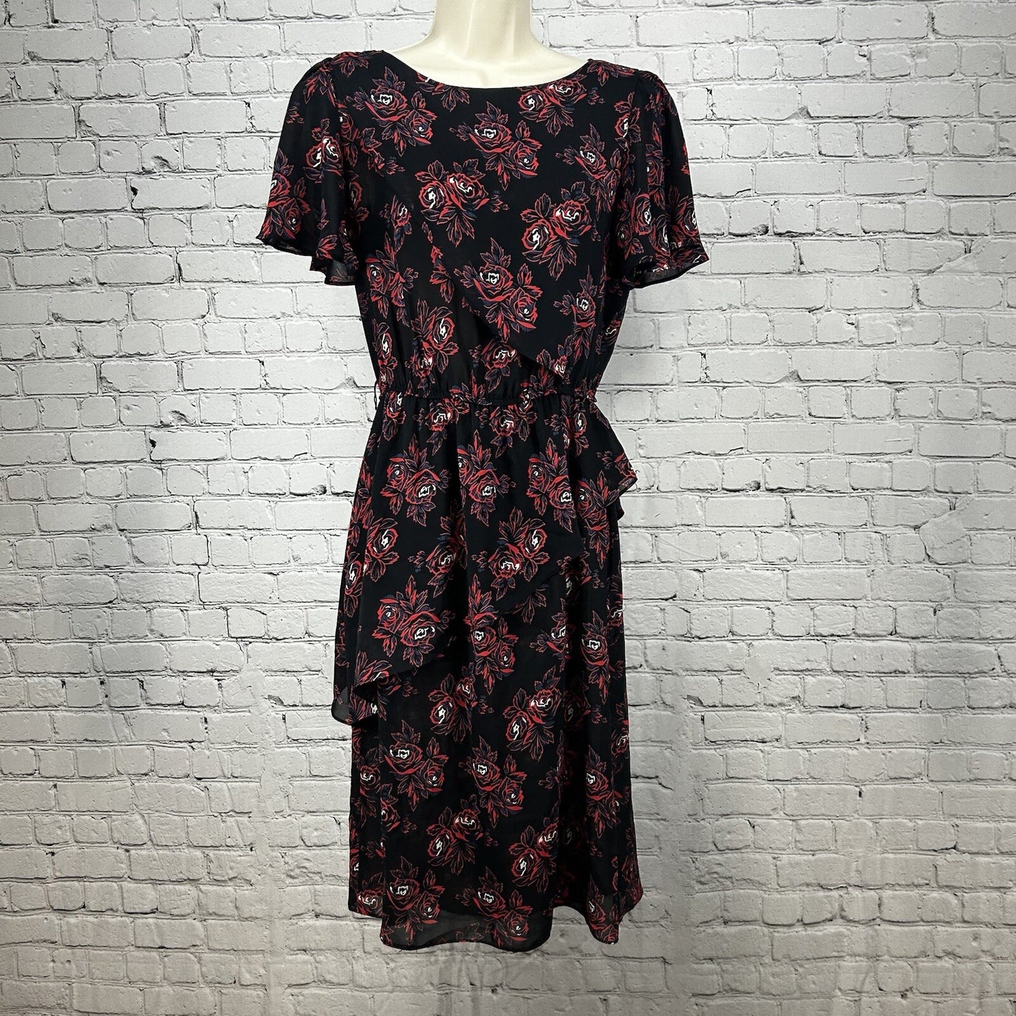 VTG Sheena Black Floral Elastic Waist Short Sleeve Midi Dress USA Size 11/12