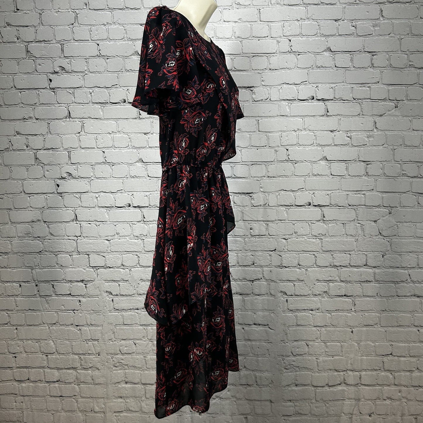 VTG Sheena Black Floral Elastic Waist Short Sleeve Midi Dress USA Size 11/12