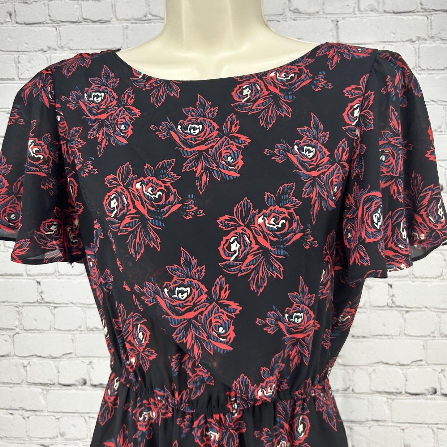 VTG Sheena Black Floral Elastic Waist Short Sleeve Midi Dress USA Size 11/12