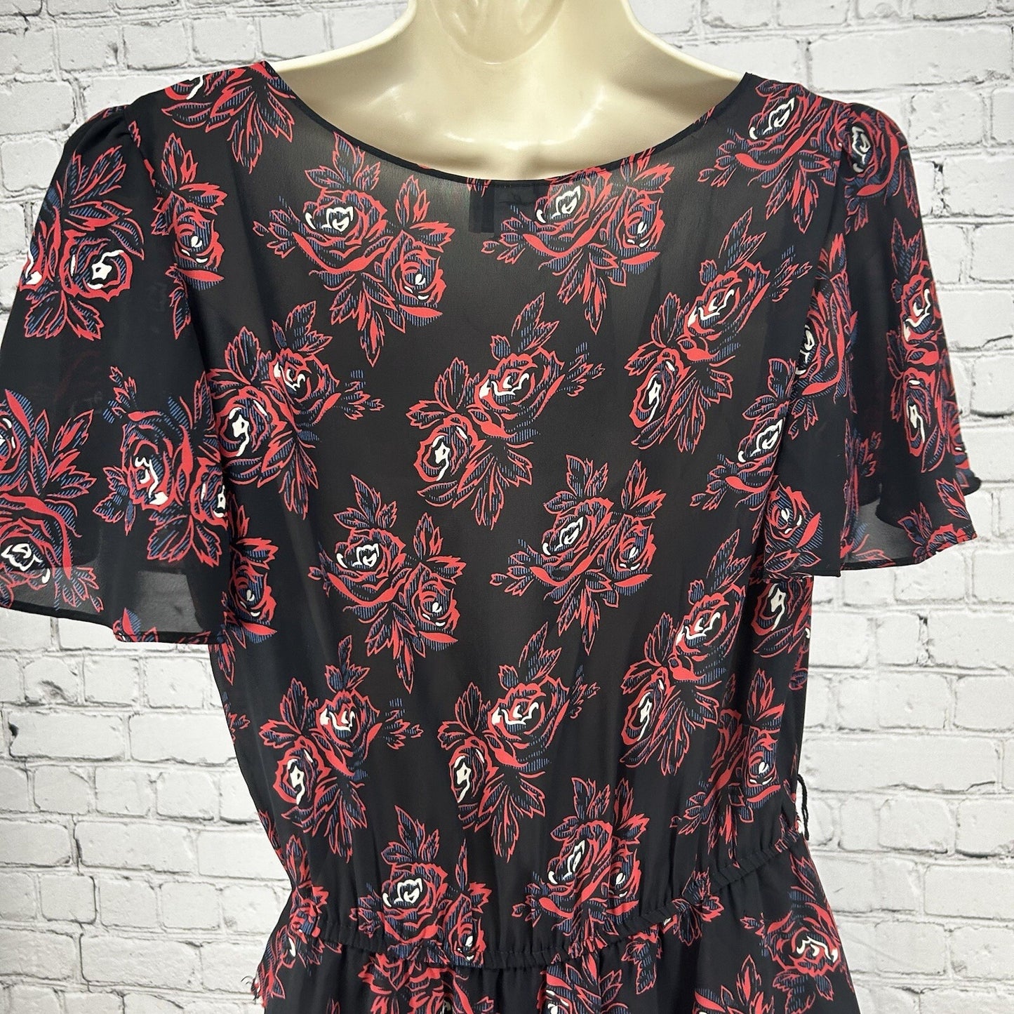 VTG Sheena Black Floral Elastic Waist Short Sleeve Midi Dress USA Size 11/12