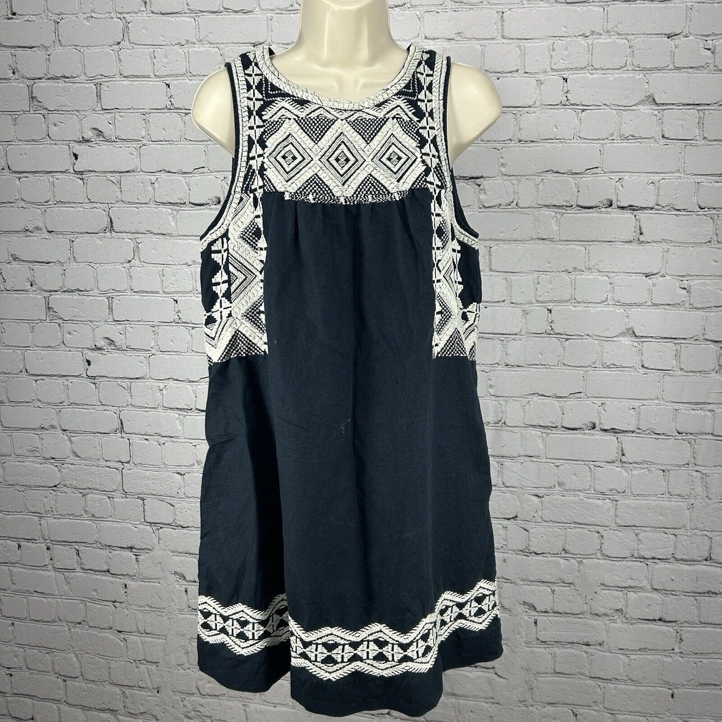Madewell Blue White Aztec Embroidered Sleeveless Midi Shift Dress Size Small S